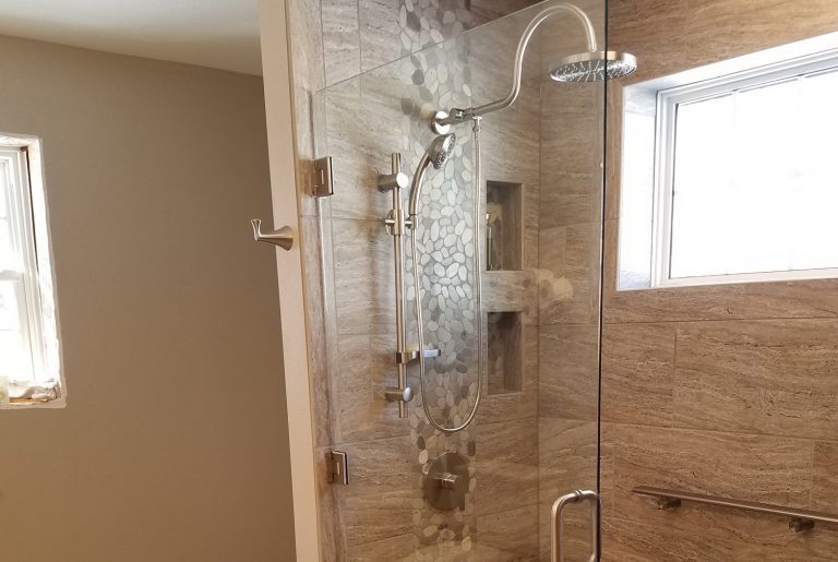 Frameless glass shower with walk-in entry