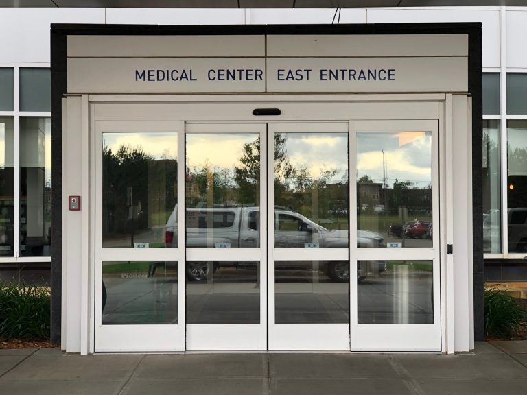 Automatic sliding doors at a medical center entrance