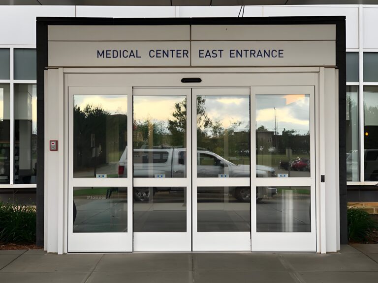 Medical center east entrance with automatic sliding doors