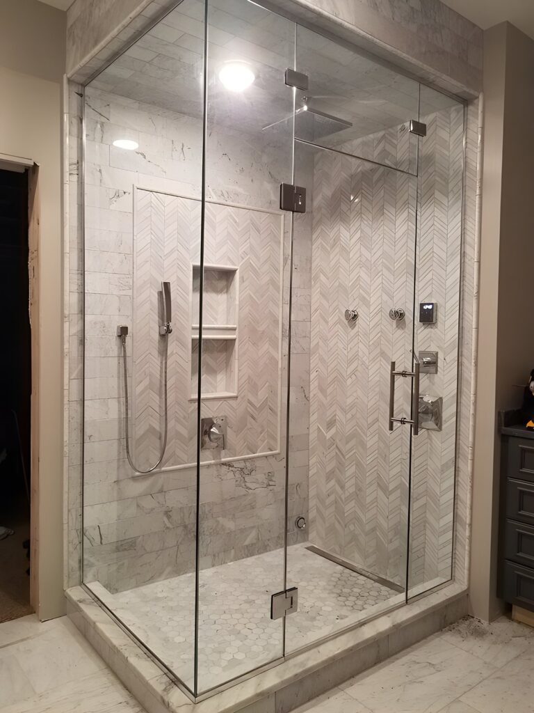 Frameless glass steam shower enclosure